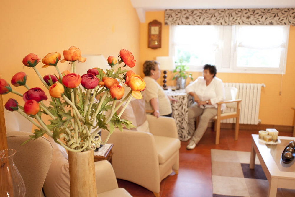 Dos residentes charlan alrededor de una mesa en un apartamento tutelado y en primera término un damo de flores